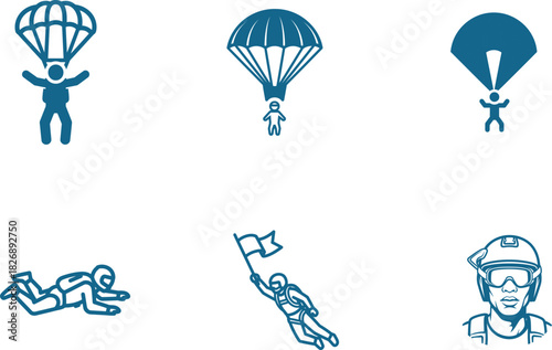 Skydiving Icons with Parachutists Set Vector Illustration Showing Skydiving Athletes and Professionals in Action Demonstrating Various Skydiving Stunts and Poses with Safety Gears Skydiving Graphics