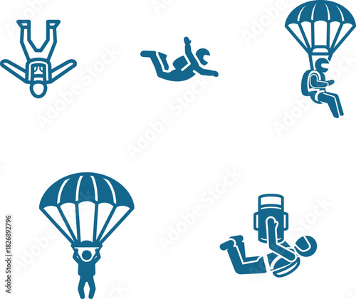 Skydiving Parachuting Icons Set Illustration of Skydivers in Various Positions During Freefall and Descent Demonstrating Aerial Acrobatic Skills and Excitement of Extreme Sports