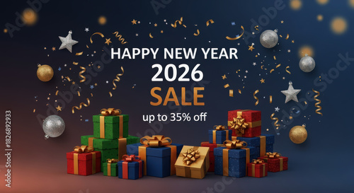 Happy new year 2026 sale promotion with gift boxes and confetti