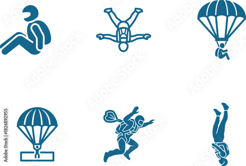 Skydiving Silhouette Icons Collection Displaying Various Parachuting Positions and Landing Techniques for Extreme Sports and Adventure Illustration Set on White Background