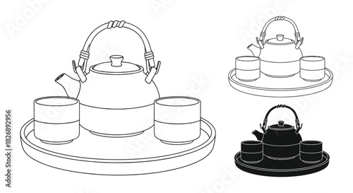 A cartoon teapot and two cups on a tray with line art and silhouette