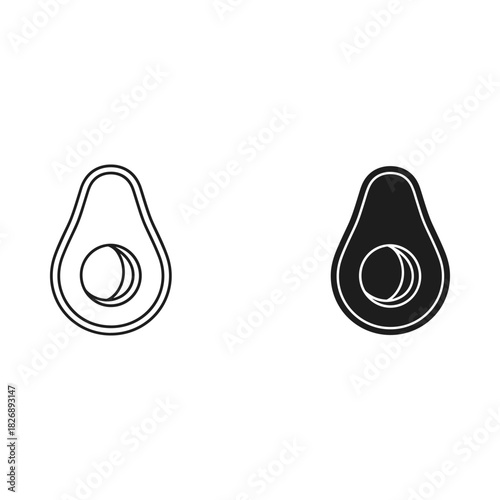 Simple outline and silhouette icons of a halved avocado with seed