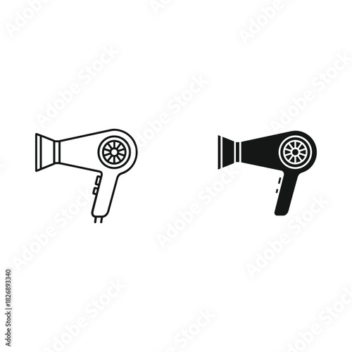 Two simple line art icons of a hairdryer one outlined and one filled black