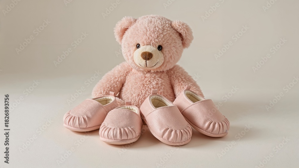 Fototapeta premium A pink teddy bear with baby shoes placed in front of it.