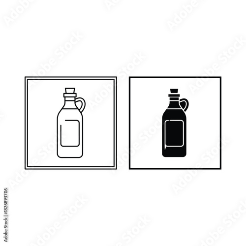 Two simple line art illustrations of a glass bottle with a handle and a stopper