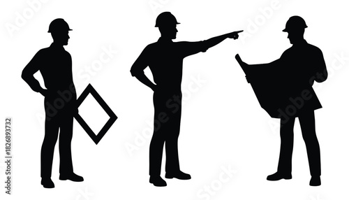 Three construction workers in silhouette with plans and pointing finger