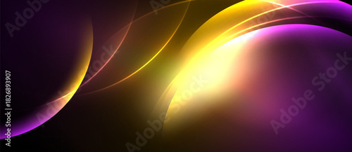 Abstract design features flowing curves, vibrant colors. Purple, gold hues blend, creating dynamic visual effect. Smooth gradients dominate composition.