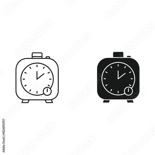 Simple square alarm clock icon in black and white line art style