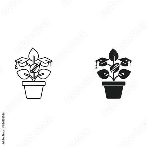 Plant with graduation caps growing from leaves symbolizing education growth and learning