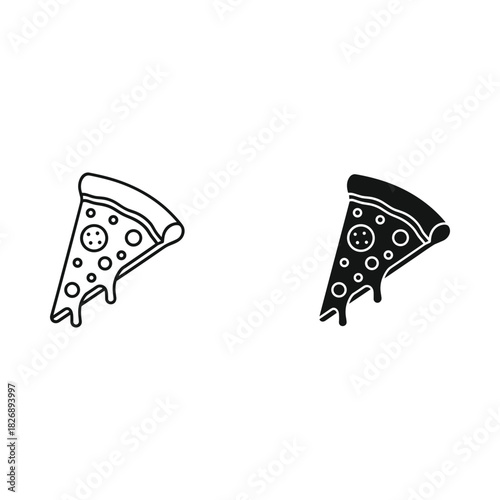 Two slices of pizza with cheese and pepperoni in black and white outline and solid black