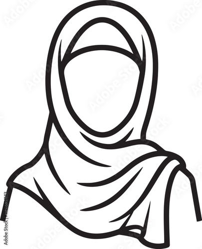 Muslim woman headshot icon, wearing hijab line art, female avatar.