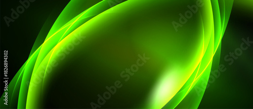 Abstract green waves, smooth curves, dark background. Bright highlights create dynamic visual effect. Modern design element.