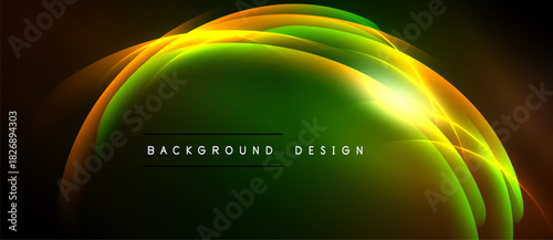 Abstract design features vibrant green, orange curves. Light radiates from center, creating dynamic visual effect. Dark background enhances luminosity.