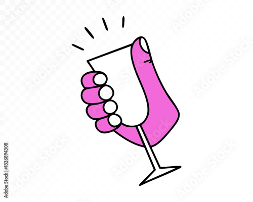 Pink hand holding a sparkling wine glass with celebration gesture, minimal modern illustration style perfect for party design, holiday decor and festive greetings. Vector illustration.