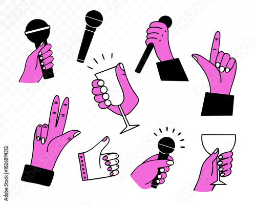 Pink hand gesture and microphone set with expressive cocktail toasts, celebration symbols, pointing fingers and dynamic line art icons for party themed designs. Vector illustration.
