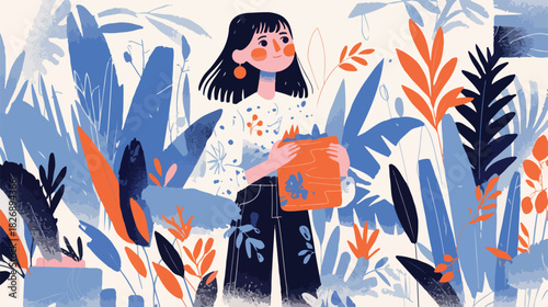 푸른색과 주황색 식물들 속에서 화분을 들고 있는 젊은 여성의 일러스트레이션