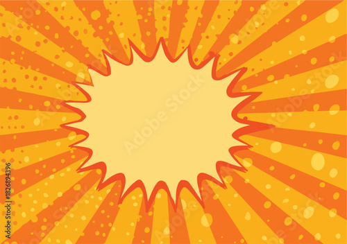 만화 스타일의 노란색과 주황색 방사형 배경에 말풍선 모양의 빈 공간