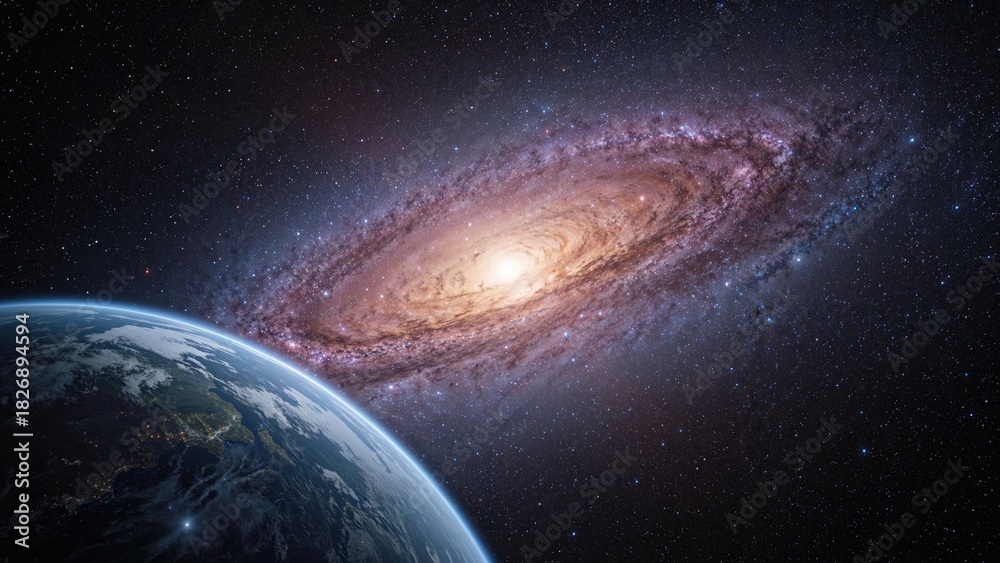 Obraz premium Earth viewed from space with the Milky Way galaxy in the background. Astronomy and universe exploration concept. The cosmos and celestial bodies.