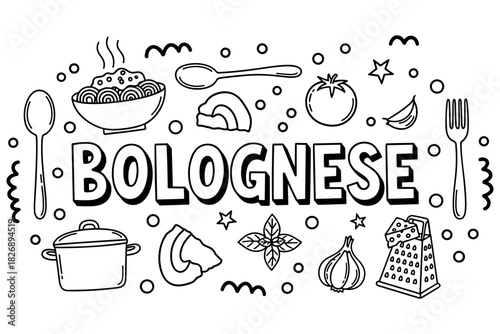 Bolognese ingredients and utensils illustration with pasta and tomato elements