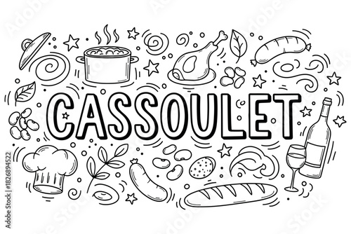 Cassoulet ingredients: sausage, duck, beans, wine, and herbs - hand-drawn culinary design
