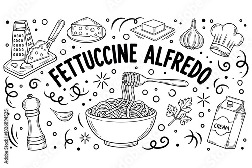 Fettuccine alfredo ingredients and preparation in black and white