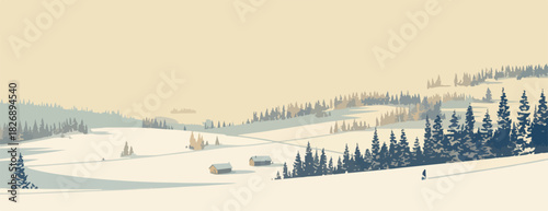 눈 덮인 겨울 풍경에 작은 집과 스키 타는 사람이 있는 평화로운 산악 풍경.