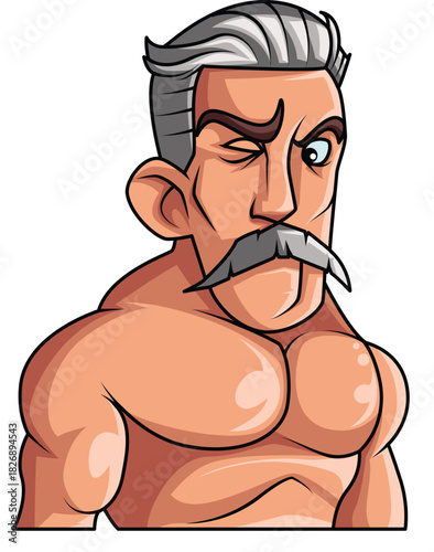 Cartoon illustration of a muscular man with a mustache winking.
