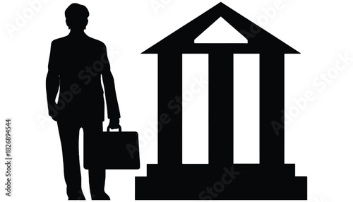 Silhouette of man with briefcase next to building with three columns