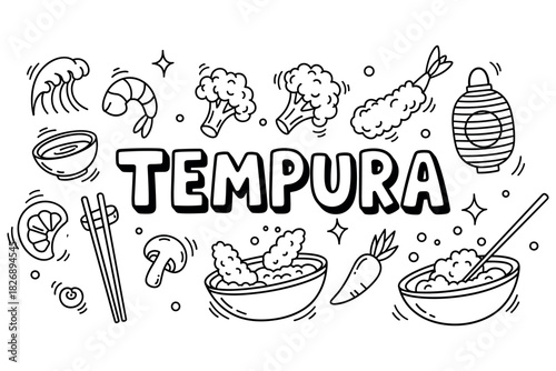 Japanese tempura doodle: shrimp, vegetables, lantern, waves, and chopsticks
