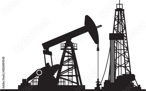 Oil pumpjack and drilling rig silhouette, petroleum industry, energy sector.