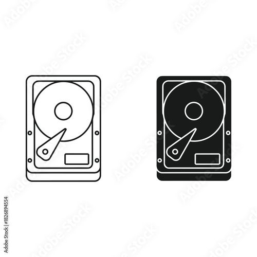 Two stylized icons of a computer hard drive in black and white outline and filled versions