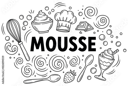 Whisk and whirl: hand-drawn mousse with kitchen utensils and ingredients