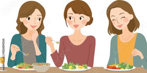 세 명의 여성이 식탁에 앉아 신선한 샐러드를 즐겁게 먹으며 대화하는 벡터 일러스트