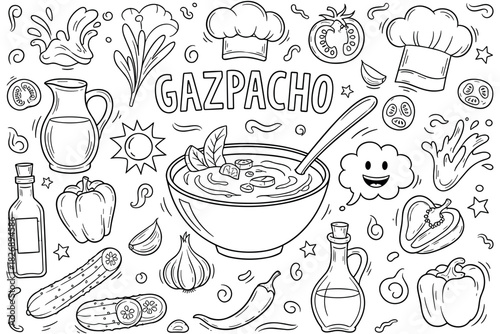 Gazpacho ingredients doodle with bowl, vegetables, and chef hats