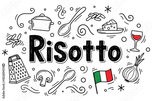 Italian risotto ingredients: cheese, wine, mushrooms, onion, seasoning