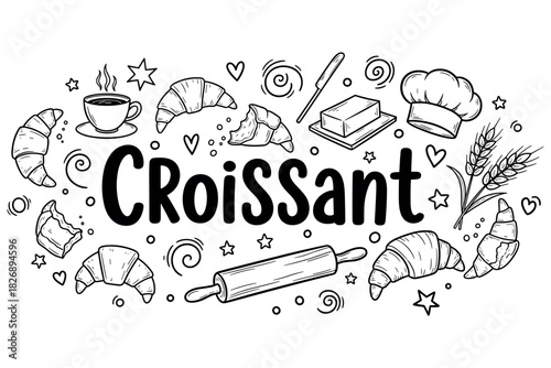 Croissant doodles with baking utensils and ingredients