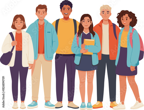 Diverse Group of Smiling University Students Vector Illustration Standing Together with Backpacks and Books Representing Friendship, Youth, and Modern Education.