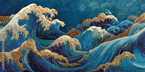 황금빛 파도가 넘실대는 역동적인 바다 풍경, 동양적인 수묵화 스타일의 추상적인 파도