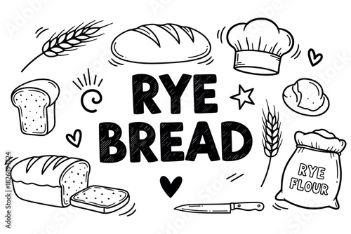 Hand-drawn rye bread elements: loaves, flour, wheat, chef hat, baking tools