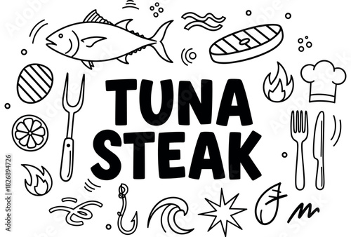 Monochrome illustration of tuna steak and cooking elements