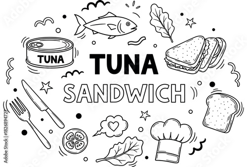 Tuna sandwich ingredients and design elements in black and white