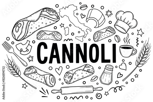 Italian cannoli illustration with chef hat and coffee elements