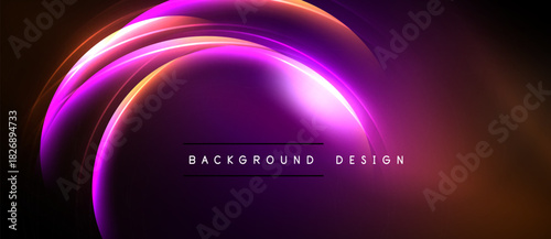 Abstract neon lights create glowing curves. Purple, orange hues blend against dark backdrop. Modern design element for digital projects.