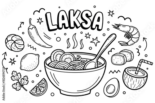Laksa doodle: noodles, prawns, and spices in a bowl with lemongrass and coconut drink