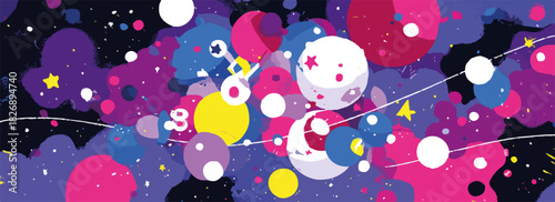 우주를 배경으로 한 다채로운 행성과 별들의 추상적인 벡터 일러스트레이션