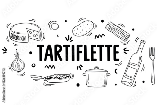 Tartiflette ingredients: reblochon cheese, potatoes, bacon, wine - french cuisine essentials