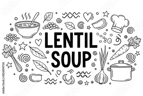 Lentil soup ingredients hand-drawn illustration with kitchen elements