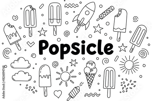 Popsicle doodle art with ice cream, rocket, and sun elements