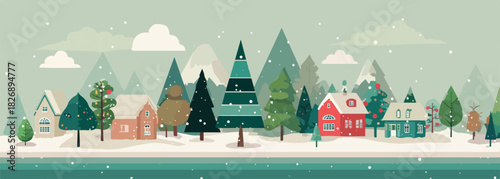 겨울 풍경 일러스트, 눈 내리는 작은 마을의 산과 집들, 산뜻하고 평화로운 분위기