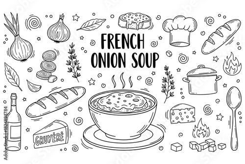 French onion soup ingredients and cooking elements in doodle art